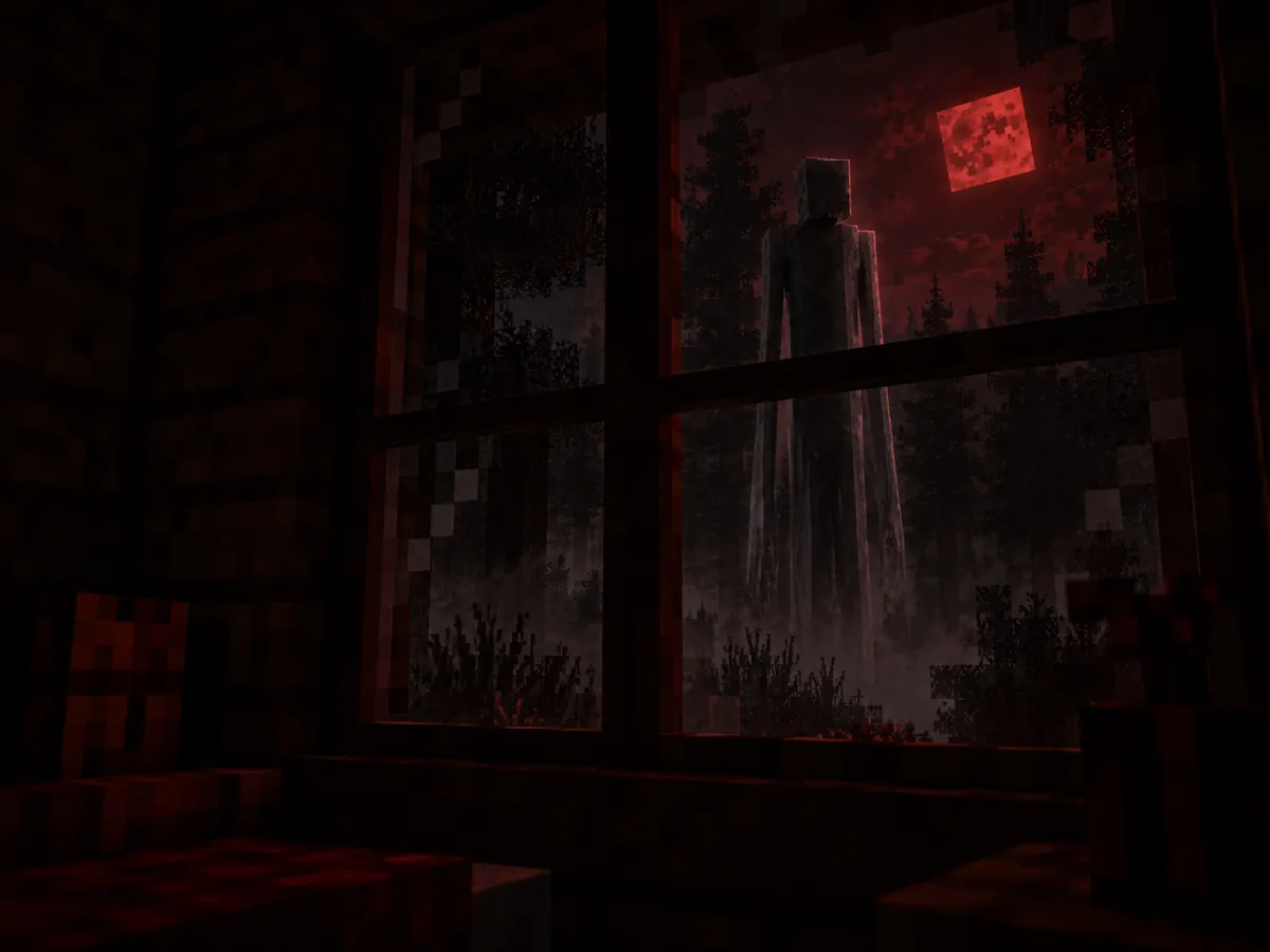 A pale watcher outside a dark cabin window in a Minecraft forest.