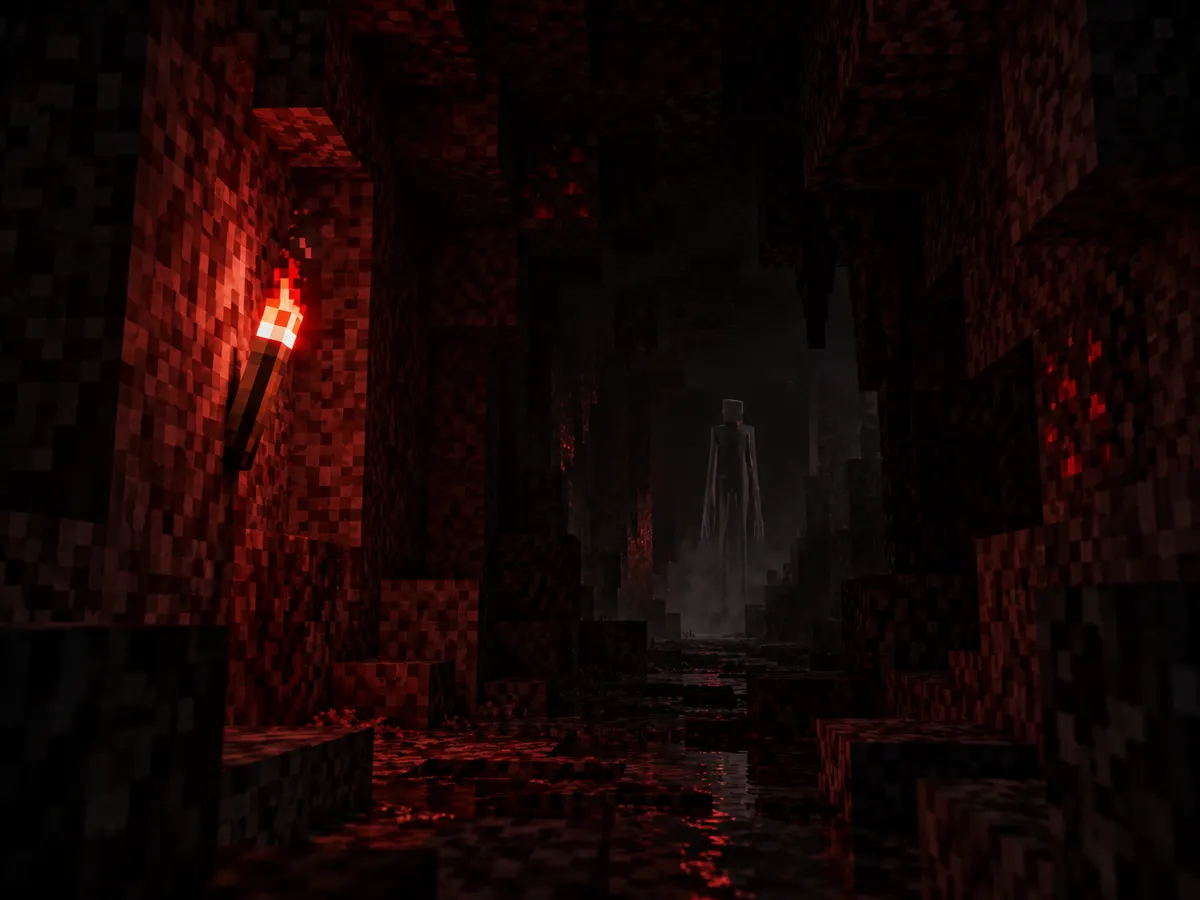 A distant figure deep inside a red-lit cave in Minecraft.