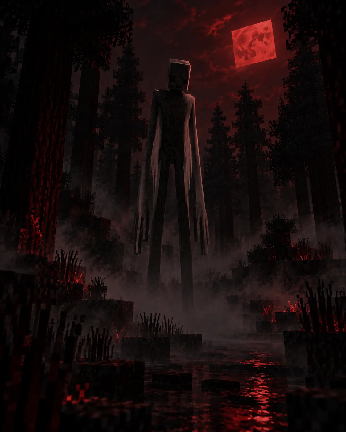 A tall pale figure standing in a crimson Minecraft forest under a blood moon.